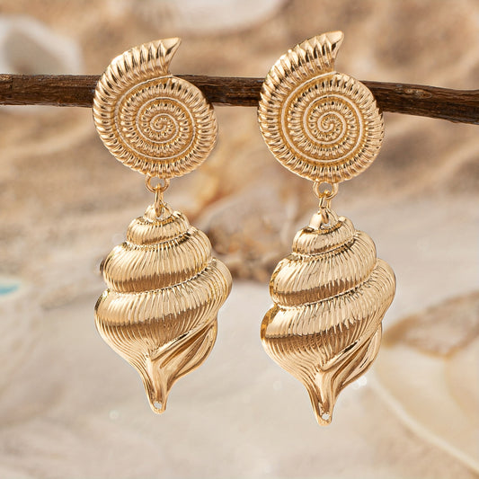 Luxury Court Style Metal Shell Spiral Conch Drop Earrings, Vintage And Elegant Style, Fashionable Retro-Temperament Luxury Jewelry For Women