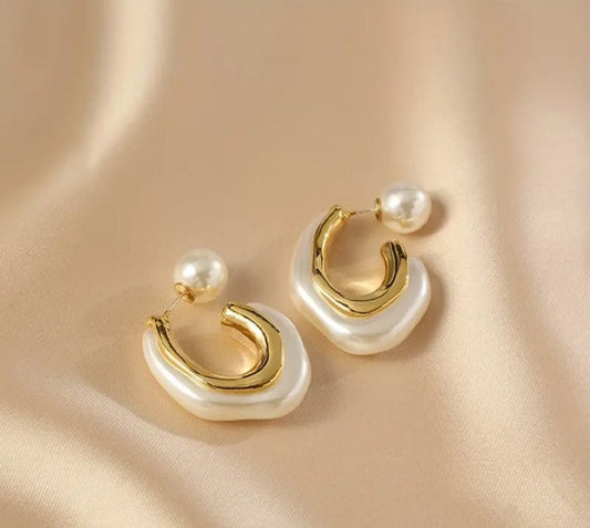 Irregular C Shaped Hoop Earrings with Pearl