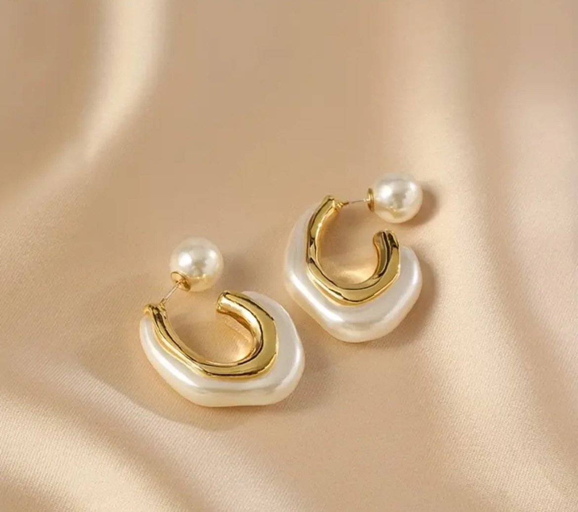 C Shaped Pearled Hoop Earrings